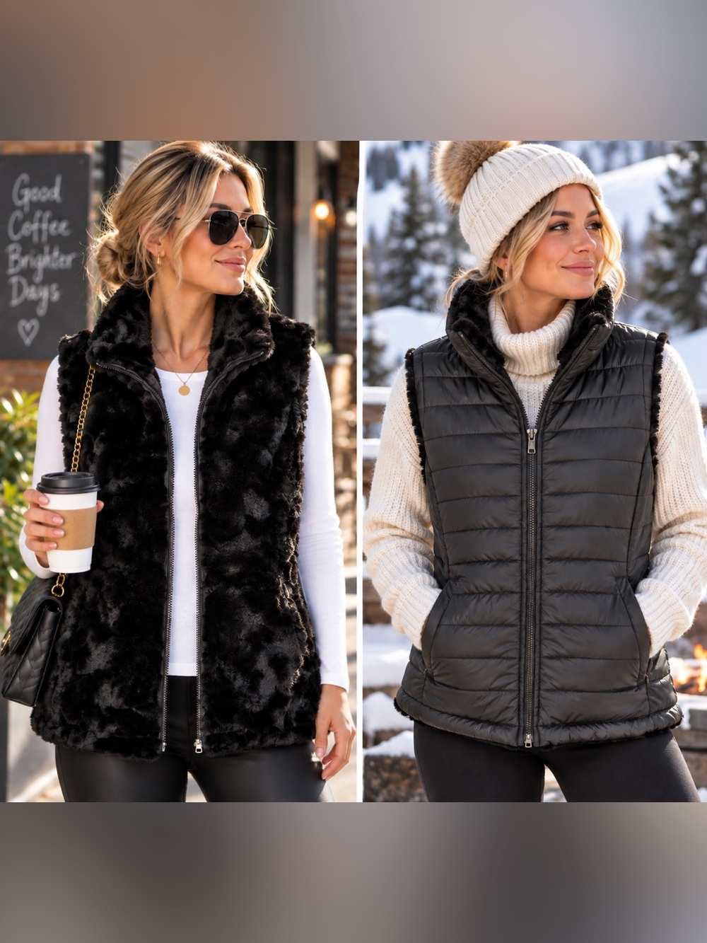 NWT Nicole Miller Reversible Faux Fur Puffer Vest Black Women’s Small